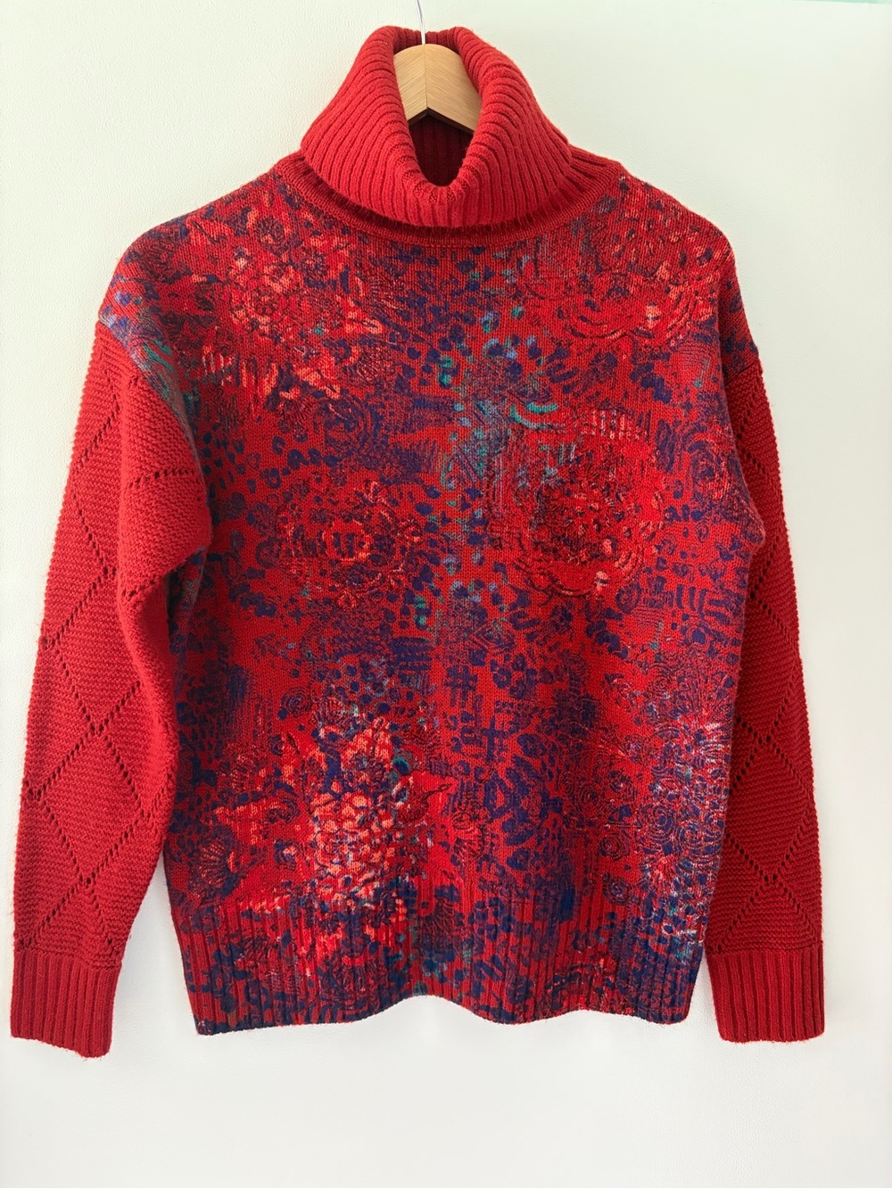 Desigual Women's L Red Multicolor Turtleneck Sweater Wool Blend Art to Wear